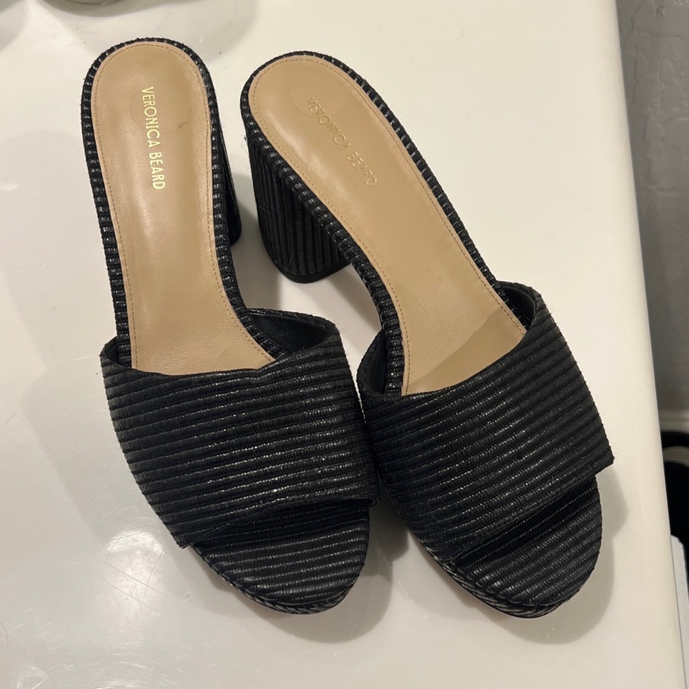 Veronica Beard Black Ribbed Block Heel Slide Mules